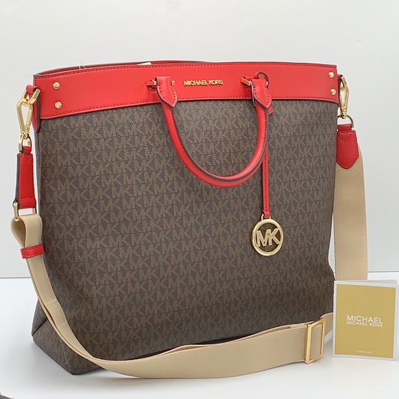 Michael Kors Handbags - Michael Kors Jet Set Travel Large North South Tote Bag Brown MK Logo Fla…